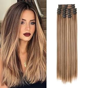 S-Noilite 22 Inches Long Straight Hair Extensions Clip in Full Head 12PCS Hair Extensions Clip on Synthetic Fiber Hairpieces for Women – Honey Blonde Mixed Light Brown