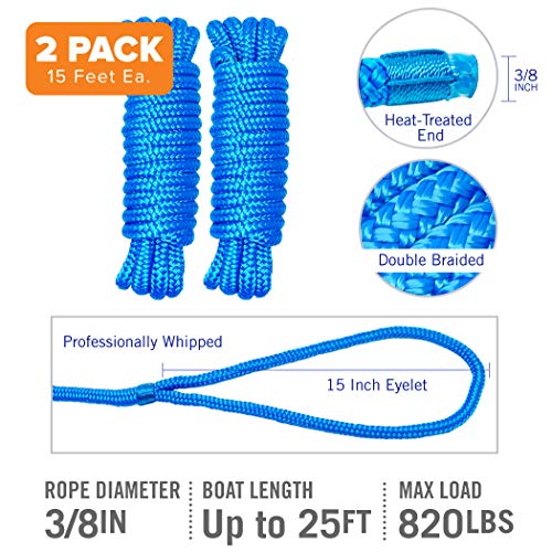 Image of Dock Lines for Boats 3 /8 inch x 15ft, 2 Pack Double Braided Nylon Boat Rope | 12 inch Loop, Marine Grade Mooring Line for Docking, Blue, Better Boat