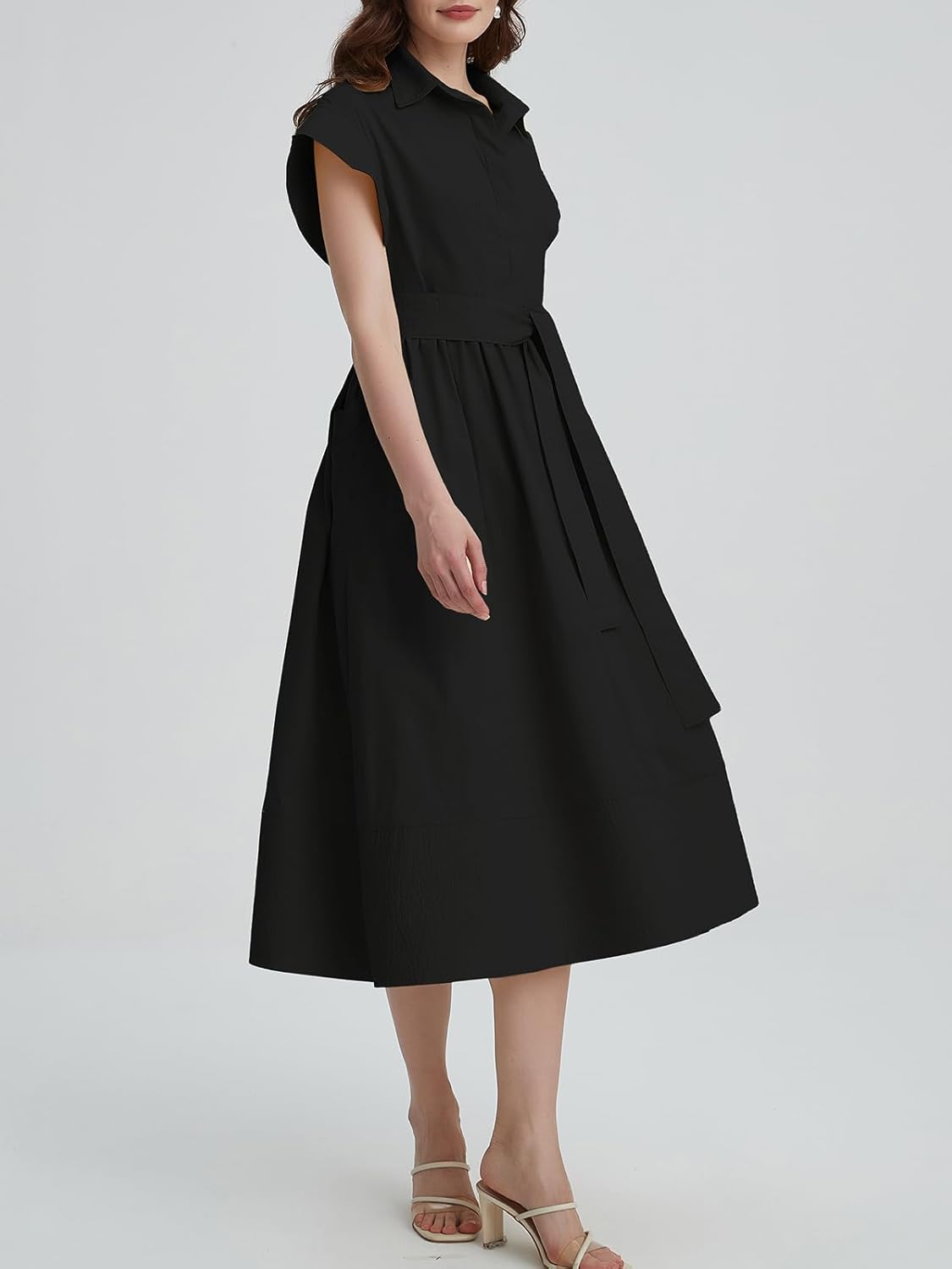 Womens Summer Shirt Dress Short Wing Sleeve Button Down Midi Shirts Dresses with Belt - Image 4