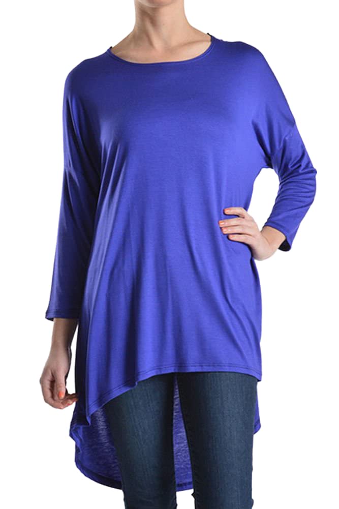 Plum Feathers Women's Solid Color & Stripe Rayon Span High Low Tunic with 3/4 Sleeves