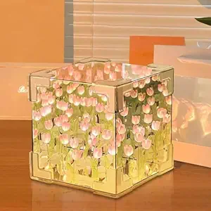 CPENSUS Acrylic Diy - Do It Yourself - Tulip Cube Mirror Lamp, 30 Flowers Led Decorative Lamp, 2 In 1 Mirror & Table Ornaments For Bedroom Livingroom Desktop Decor Birthday Gift multicolor
