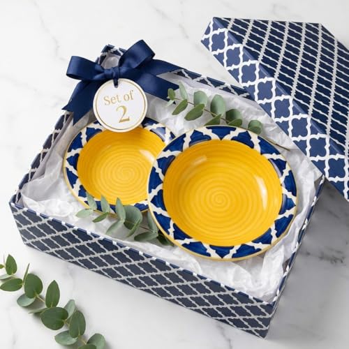Image of Ceramic Pasta Bowls Set of 2 | 7 Inch Handmade Deep Soup Plates | Microwave Oven Safe Serving Bowls | Floral Hand-Painted Stoneware Salad Bowls (2, Yellow & Blue)