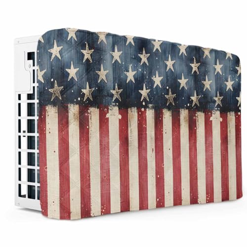 Retro American Flag Indoor Air Conditioner Cover for Window Units, 4th of July Independence Day USA Flag Double Insulated AC Covers Waterproof AC Cover with Elastic Straps 21'Lx15'Wx3.5'D