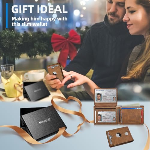 Image of miyozi AirTag Wallet for Men, Slim Leather Bifold with Holder Slot, 2 ID Windows & 13 Card Slots, RFID Blocking Front Pocket Wallet with Gift Box