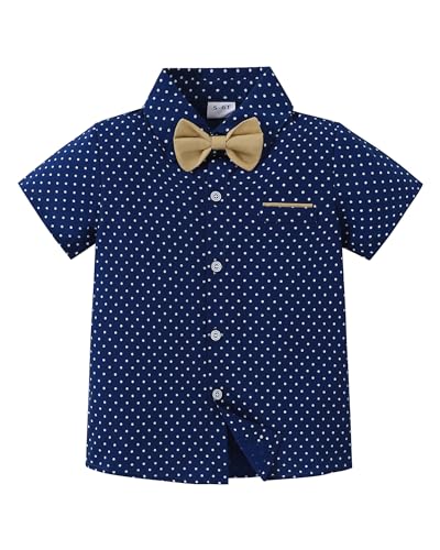 YALLET Boys Button Down Shirts Short Sleeve Wedding Outfits Polka Dot Print Summer Casual Clothes with Bow Tie (Navy Blue 6-7 Years)