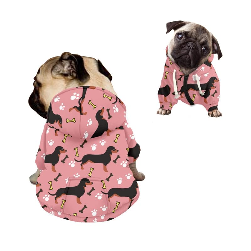 Kuiaobaty Dachshund Puppy Girls' Warm Dog Hoodie with Cartoon Dogs, Bones, Paws & Outdoor Pattern