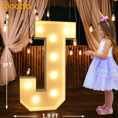 Image of Pooqla 3FT Marquee Light Up Letters, Cool White and Warm White LED Big Mosaic Marquee Letters 3 Feet, Giant Letter Sign for Balloons Birthday Anniversary Wedding Party Decoration, Letter J