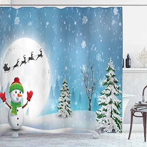 Ambesonne Christmas Shower Curtain, Jolly Snowman Under Full Moon Waving to Santa Claus with Reindeer Sleigh, Cloth Fabric Bathroom Decor Set with Hooks, 69