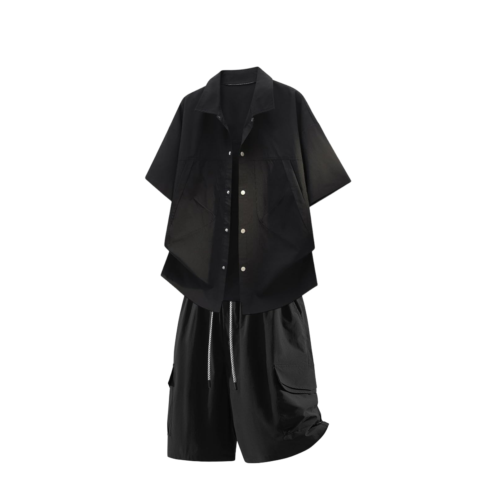 Conjunto Camisa Cargo Malla Transpirable Manga Corta Camiseta Shorts Casual Viaje-Black-M