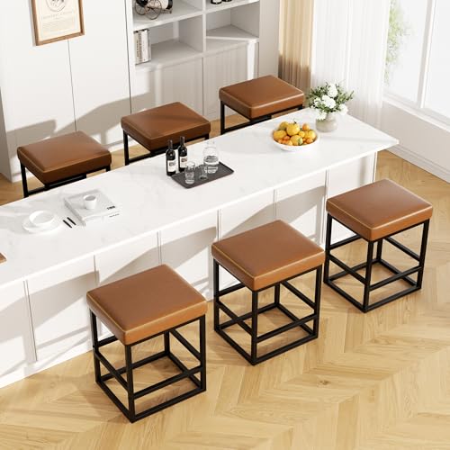 Image of Bar Stools Set of 6, 24in Counter Height Barstools, Faux Leather Counter Stools with Thick Square Seats & Sturdy Metal Base, Modern Bar Chairs for Kitchen Island (Caramel)