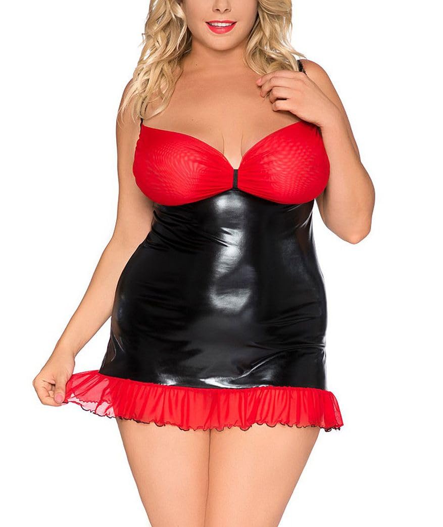 Elegantes Chemise schwarz aus Wetlook Tüll und Brustfrei mit Rückenausschnitt und Offener-Ausschnitt an der Brust Plus Size