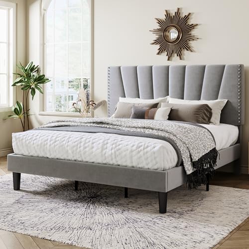 Image of Allewie King Size Velvet Platform Bed Frame with Adjustable Headboard, Grey | Height-Adjustable Velvet Headboard, Rivet-Style Nailhead Trim, Wooden Slat Support, No Box Spring Needed, Easy Assembly
