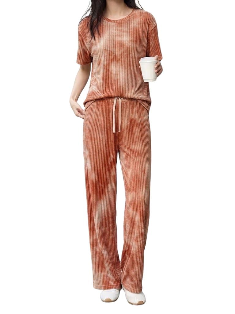 SMOWKLY Conjunto de pijama elegante de mezcla de algodón para mujer, teñido anudado, ajuste relajado, camiseta de manga corta y pantalón largo, conjunto de ropa de dormir con bolsillos