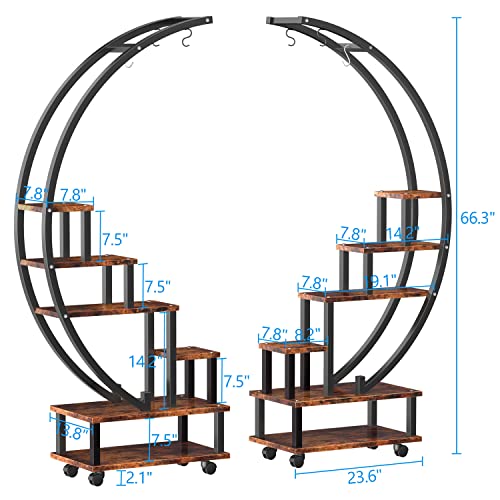 2 Pcs 6 Tier Tall Metal Indoor Plant Stand With Detachable Wheels, Half-Moon-Shaped Plant Shelf Holder For Outdoor Clearance, Multi-Purpose Plant Stands For Home Decor, Balcony, Patio, Garden #TOP5