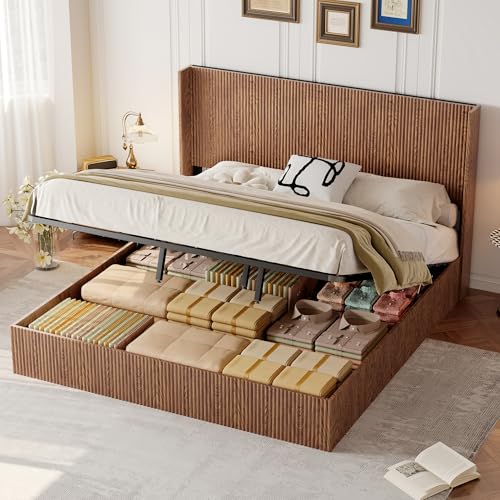 Image of Ball & Cast King Size Lift Up Storage Bed Frame with Wingback Headboard,Wooden Grooved Undulating Platform Bed Frame with Hydraulic Storage,No Box Spring Needed,No Noise,Rustic Brown