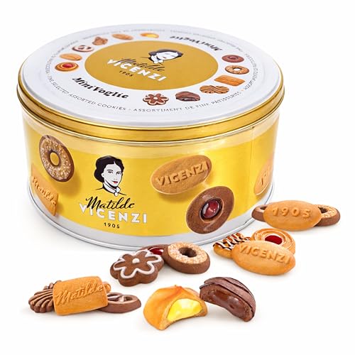 Matilde Vicenzi MiniVoglie Assorted Italian Biscuit Tin Fine Selected Assorted Cookies Biscuit Gift Tin 500g Traditional Italian Patisserie Elegant Round Gift Box for Birthday Gifts Easter