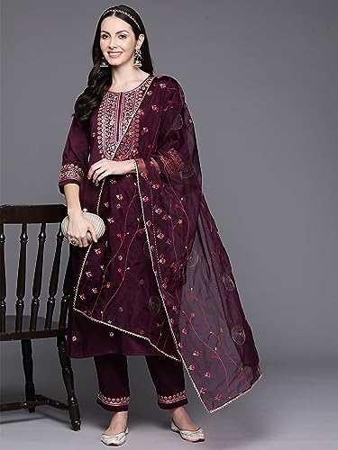 Image of INDO ERA Women's Embroidered Silk Blend kurta and pant with dupatta set