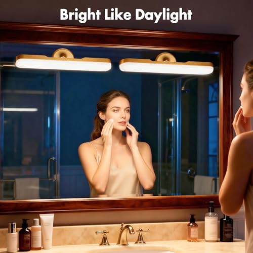 Image of cambk Set of 2 Wireless Vanity Makeup Lights for Mirror, Rechargeable LED Stick On Light Bar for Bathroom Mirror with Dimmable 3 CCT, Long Battery Life Cordless Light for Vanity Desk(Gold)
