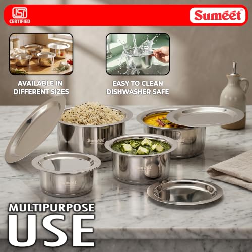 Image of Sumeet ISI Certified Induction Bottom (Encapsulated Bottom) Induction & Gas Stove Friendly Small Container Set /Tope /Cookware Set of 4Pcs with Lid - 350ml, 550ml, 750ml, 950ml - Silver