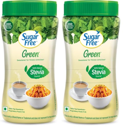 Image of Sugar Free Green Stevia Jar, 200 g | 100% Plant-based Natural Sweetener | Equivalent to Sweetness from 1Kg Sugar | 100% Natural Stevia leaves| Sweet like Sugar but with zero calories| (Pack of 2)