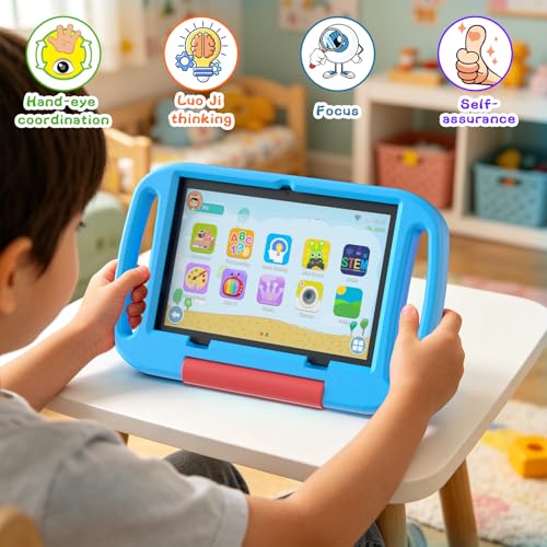 Image of Android 15 Kids Tablet 10.1 inch, 12GB RAM 64GB ROM, 2.0GHz Processor, 6000mAh Battery, Dual 2MP+8MP Camera, Shockproof EVA Silicone Case, Toddler Educational Learning Tablet PC (Blue)