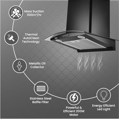Image of Hindware Smart Appliances | Elena 60 cm Chimney | 1100 CMH | Curved Glass | Auto Clean | Push Button | 5 Yrs Warranty on Motor & 2 Yrs on Product | Wall Mounted (Baffle Filter, LED Lamps, Black)