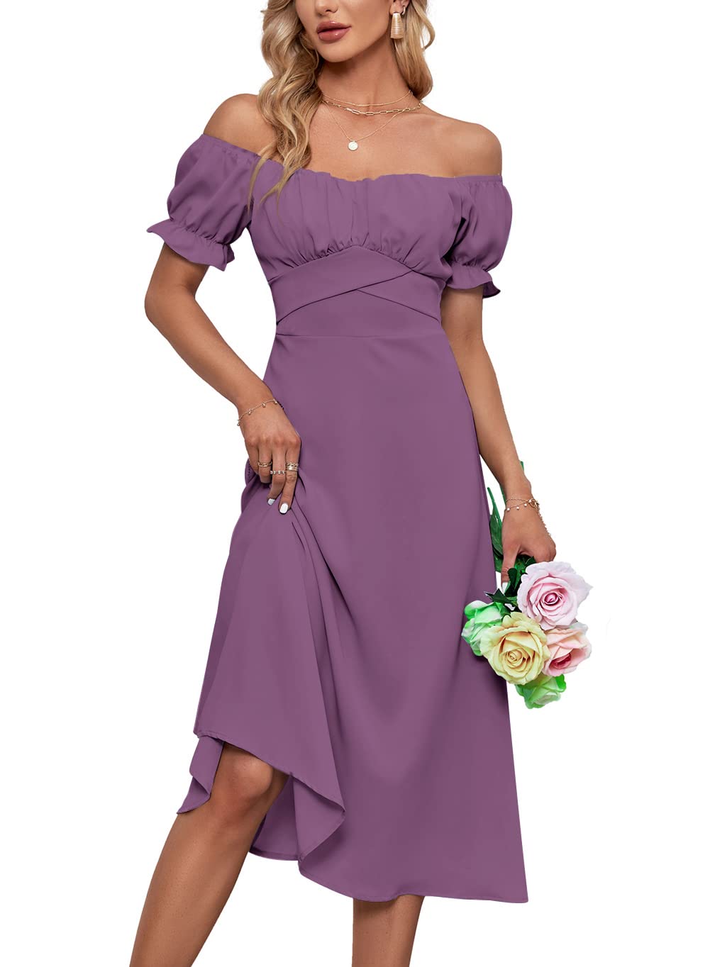 LYANER Women's Off Shoulder Wrap Ruffle Puff Short Sleeve Ruched Tie Back Dress - Large - Lilac