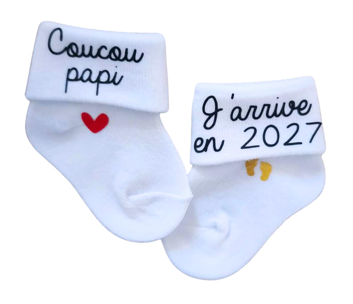 Chaussettes d'annonce de grossesse pour bébé - thème coucou j'arrive en 2027 (coucou papi)