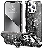 LOVE 3000 Diseñado para iPhone 12 y iPhone 12 Pro funda, con [soporte de anillo] linda purpurina brillante brillante diamante Rhinestone cuerpo completo funda protectora para mujeres, negro