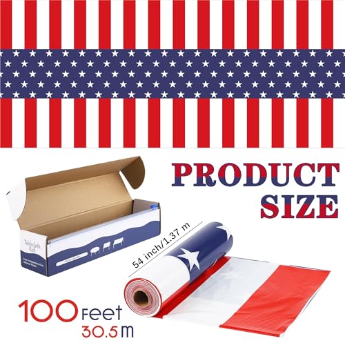 Image of Kochorie 100 Ft x 54 Inch 4th of July Tablecloth Roll in Slide Cutter Box Disposable Plastic Table Cloths Cut to Size Independence Day Backdrop for Memorial Day Veterans Day Party Supplies