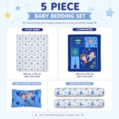 Image of Baby 5 pcs. Bedding Set | Reversible Comforter Blanket & Bedsheet Set for (0-5 Years) | Baby Crib Bedding Set (Blue)