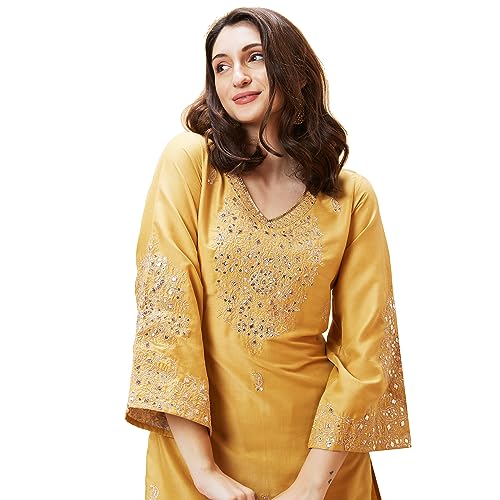 Image of Globus Women Red Embroidered V-Neck Yoke Gota Patti Flared Sleeves Festive A-Line Kurta Set with Trouser-3638464001