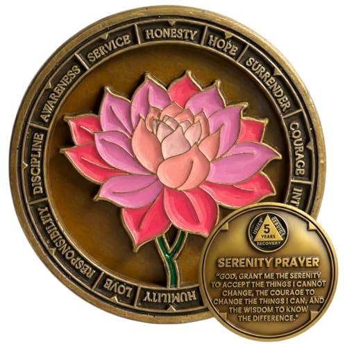 5 Year Lotus Sobriety Coin - Serenity Prayer AA Medallion Premium Recovery Token for Anniversaries Sponsor & Sponsee Gifts Five Years Sober Milestone Chip for Women and Men