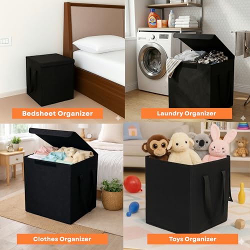 Image of Sopent Black Toy Storage Box & Storage Box and Organiser with Lid - Foldable Fabric Toys Organizer for Kids Room, Kids Storage Basket (33x33x43cm, 50L)