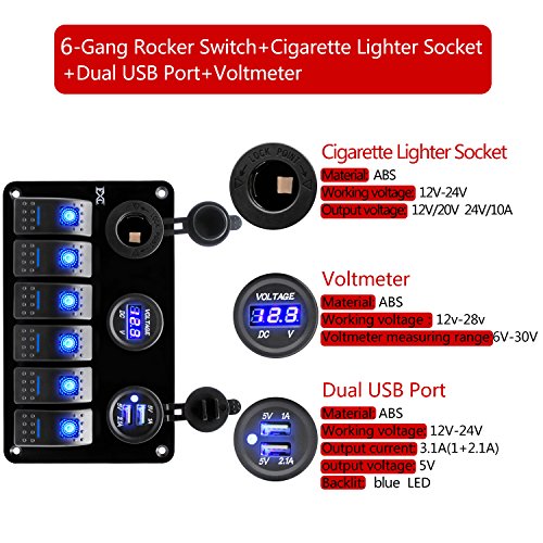 FXC 12 Volt Aluminum Marine Boat Rocker Switch Panel Waterproof 6 Gang Toggle Switch Panel Blue LED Lighted for Car Truck RV UTV ATV with USB Cigarette Lighter Socket Voltmeter by FXC - Used condition - Image 2