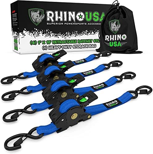 Rhino USA Retractable Ratchet Tie Down Straps (4PK) - 1,209lb Guaranteed Max Break Strength, Includes (4) Ultimate 1" x 10
