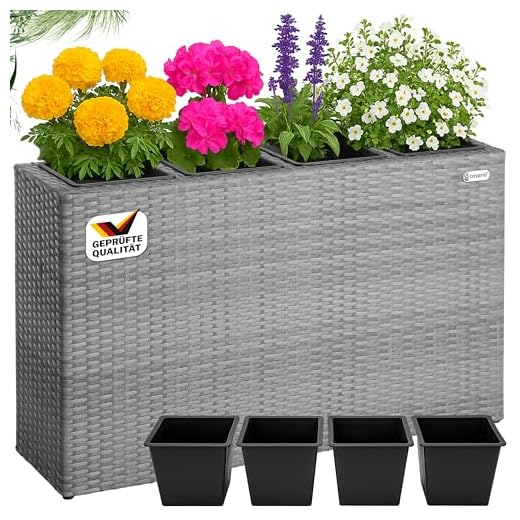 Casaria® Blumenkasten 4 Innentöpfe Polyrattan Herausnehmbar Wasserablauf Outdoor Rechteckig Pflanzkasten Blumentopf Hochbeet Pflanzkübel Grau