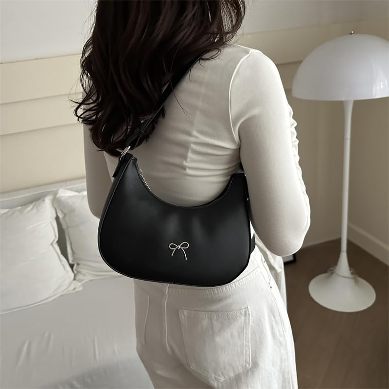 Women PU Underarm Bag with Zipper Bowknot Handbag Solid Color Leather Shoulder Bag Half Moon Bag for Vacation Travel Commuting4