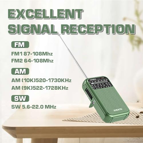 Image of XHDATA D220 Portable AM FM SW Radio Battery Operated With Headphone Jack, Excellent Reception Transistor, Pocket Size for Gift, Family, Elder (Green) | 2AA Battery Operated, Transistor Radio with Excellent Reception for Family or Elder (Green)