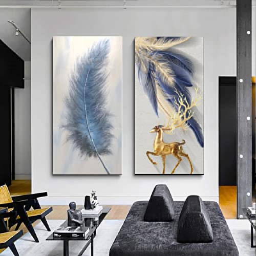 Peinture sur toile abstraite plume bleue et cerf decoration murale luxe