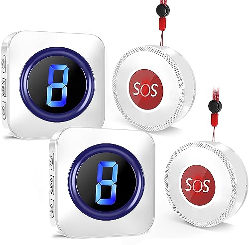 Wireless Caregiver Pager Call Button Life Alert Systems 1000 Feet Range 2 Plugin Receivers 2 Waterproof Transmitters Emergency Button Call Bell Fall Alert Devices for Elderly Seniors Patients at Home