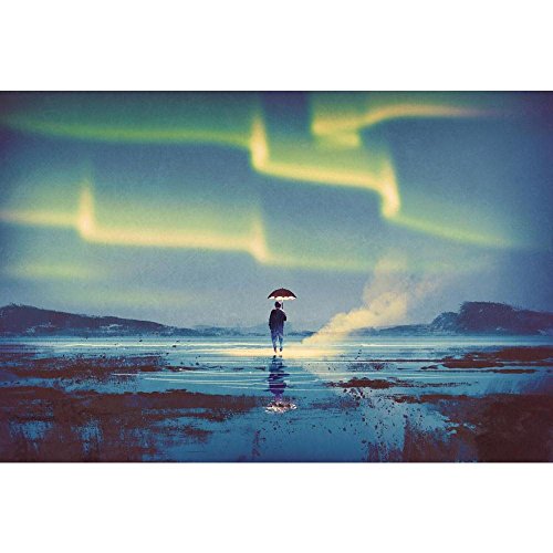Image of Pitaara Box Northern Lights Aurora Borealis Over Man | Canvas Painting for Bedroom & Living Room | Engineered Wood Frame | 17.8 x 12 inch (45 x 30 cms)
