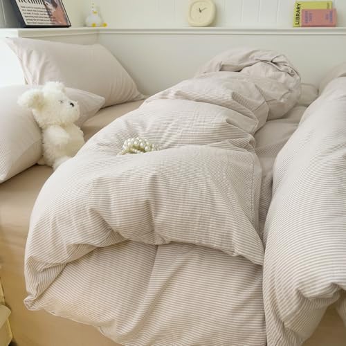 Image of mixinni Tan Striped Duvet Cover Queen Size - 100% Washed Cotton Beige Pinstripe Comforter Cover with Zipper Closure, Lightweight & Breathable, 3 Pieces Minimalist Stripes Pattern Printed Bedding Set