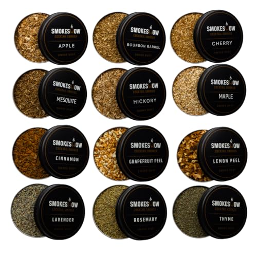 Wood Chips for Cocktail Smoker 4 oz tins. Apple, Hickory, Cherry, Bourbon Soaked Oak, Maple, Mesquite, Cinnamon, Thyme, Rosemary, Lemon Peel, Grapefruit Peel and Lavender (All 12 Flavors)