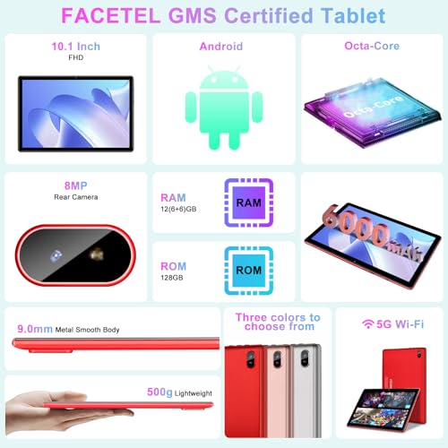 Image of Tablet 10 inch Tablet Android Octa-Core 2.0 GHz with 12GB RAM 128GB ROM TF 2TB, 5G WiFi, FHD IPS Touchscreen, BT 5.0, 1280 * 800, 5MP + 8 MP, 2026 Lastest 2 in 1 Tablet with Keyboard and Mouse - Red