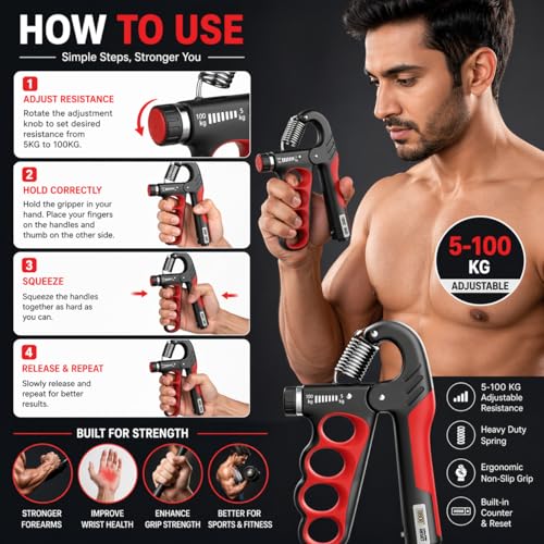 Image of SUREFIT Adjustable Hand Grip Strengthener with Finger Exerciser Combo, Forearm, Wrist & Grip Trainer for Home Gym Workout Equipment for Men & Women (Counter Adjustable- 5-100 Kg)