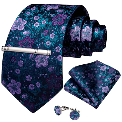 Image of DiBanGu Silk Floral Ties for Men Woven Paisley Necktie and Tie Clip Handkerchief Cufflinks Set for Party Wedding