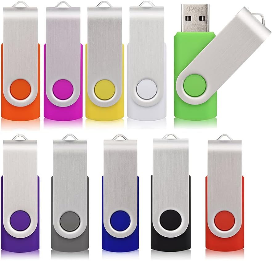 10 Pack 32GB USB Flash Drive, Bulk Thumb Drive Pen Drive Jump Drive USB 2.0 Memory Sticks Zip Drives Swivel Design (10 Mixed Colors, 32 GB)