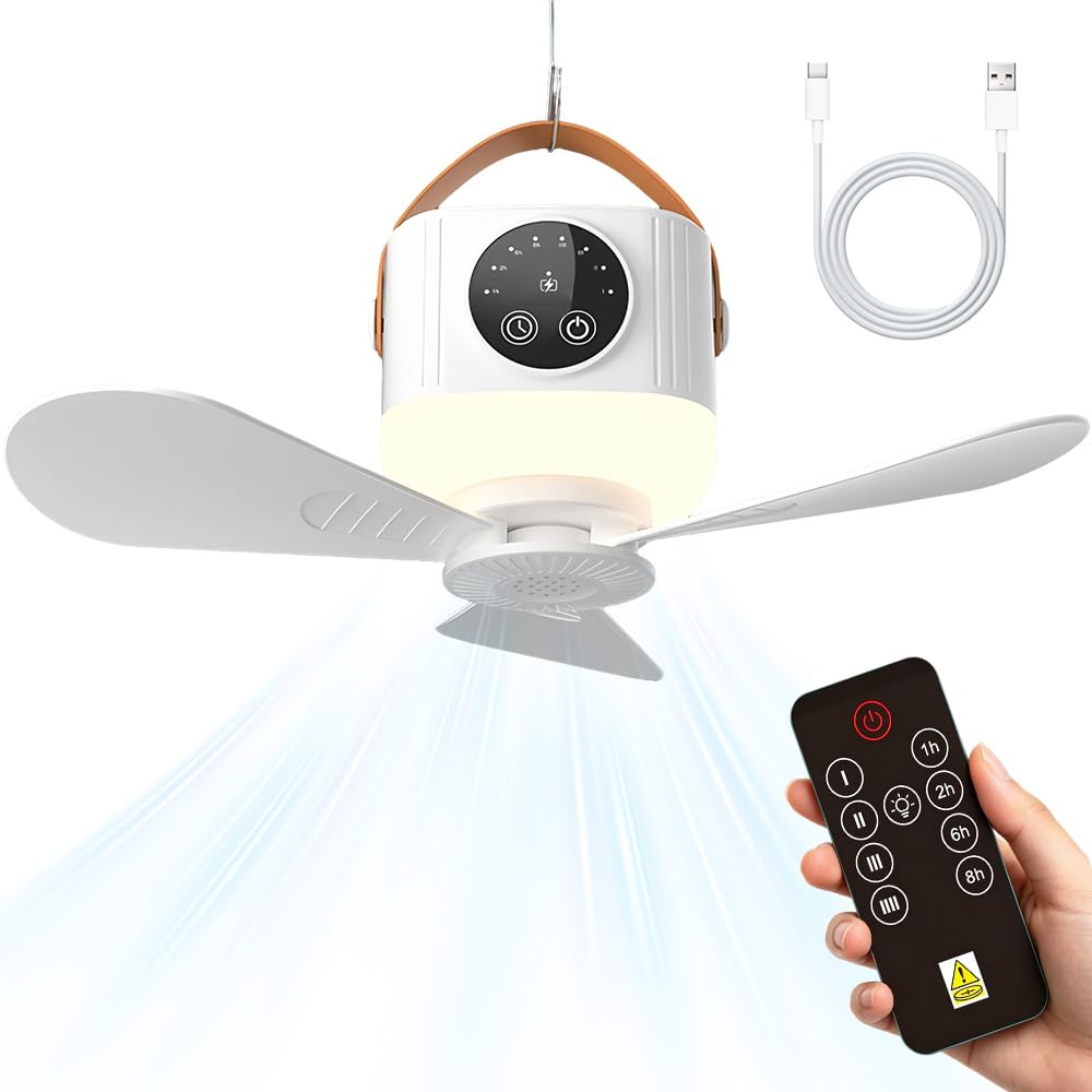 Foreverup Portable Camping Fan with LED Light, 7200mAh Rechargeable Tent Fan with Remote Control & Timer, Detachable Blades, 4 Speeds, 3 Brightness, Ceiling Fan for Car Picnics Camping Essentials