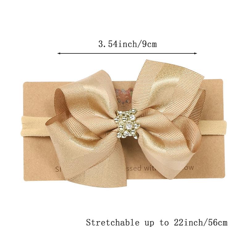 Baby Girls Ribbon Bow Elastic Nylon Headband with Crystal Crown Toddler Bow-knot Stretchy Hair Band Birthday Party Hair Bow Accessories for Newborn Infant (Beige 3, Elastic)3